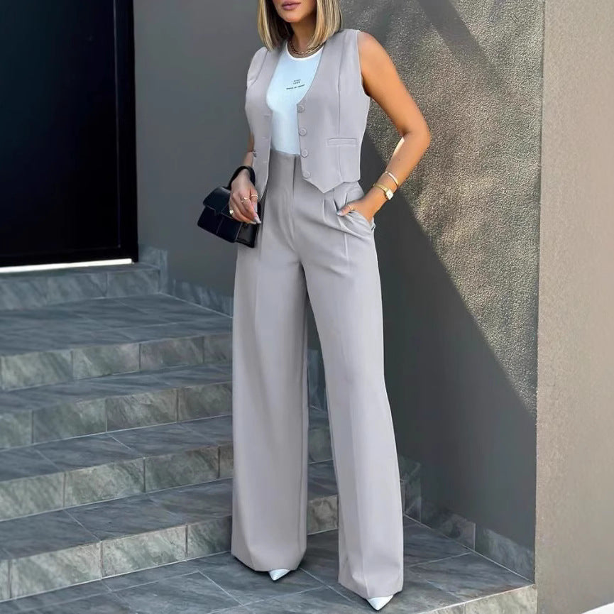 Damen Elegantes Hosenanzug-Set aus hochwertigem Stoff mit tailliertem Blazer und weitem Bein Drune