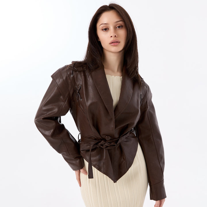 Damen Modischer Lederblazer mit tailliertem Schnitt und einzigartigen Bindegürteln Drune