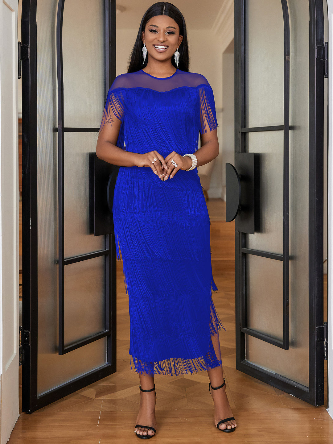 Damen Fransen Maxikleid mit halber Transparenz Drune