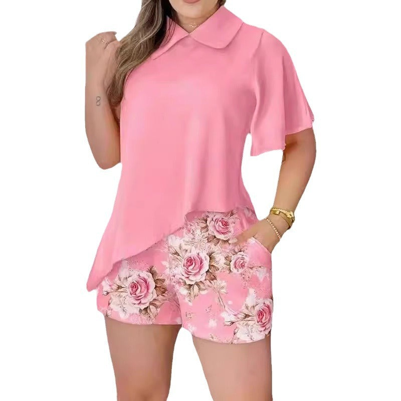 Damen Bluse mit schwingendem Schnitt und Blumenmuster Shorts Drune
