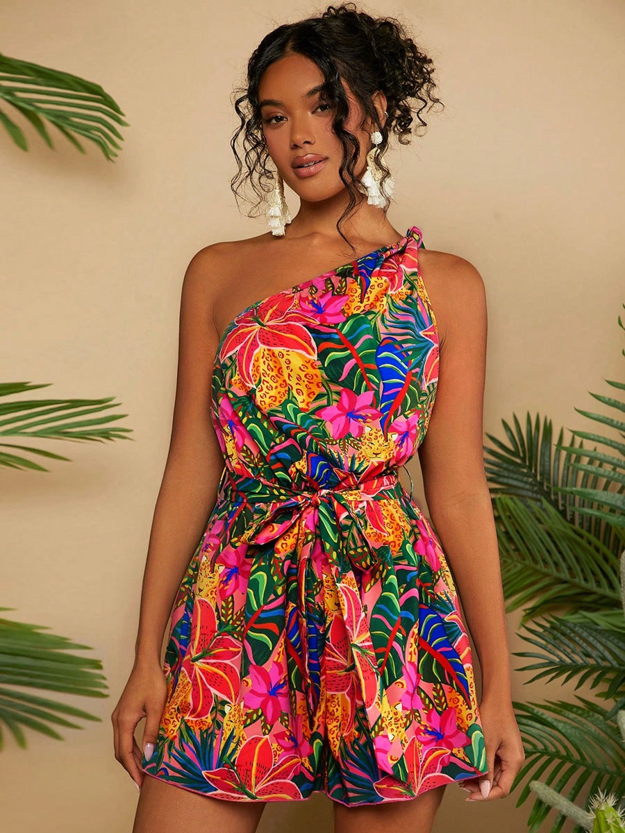 Damen Ein Schulter Playsuit mit floralem Muster und Taillengürtel Drune