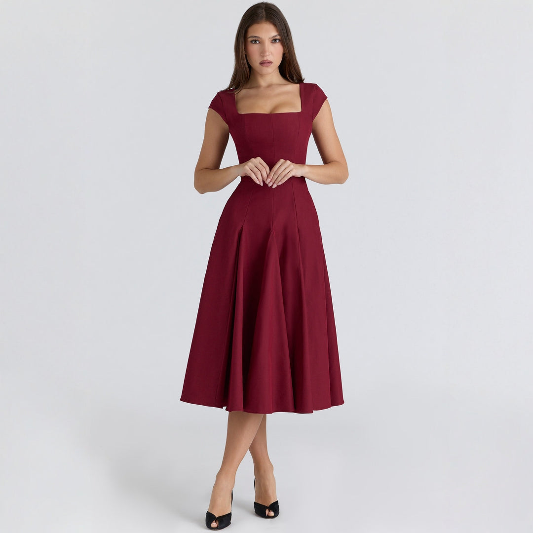 Damen Midi-Kleid mit quadratischem Ausschnitt und weit schwingendem Rock Drune