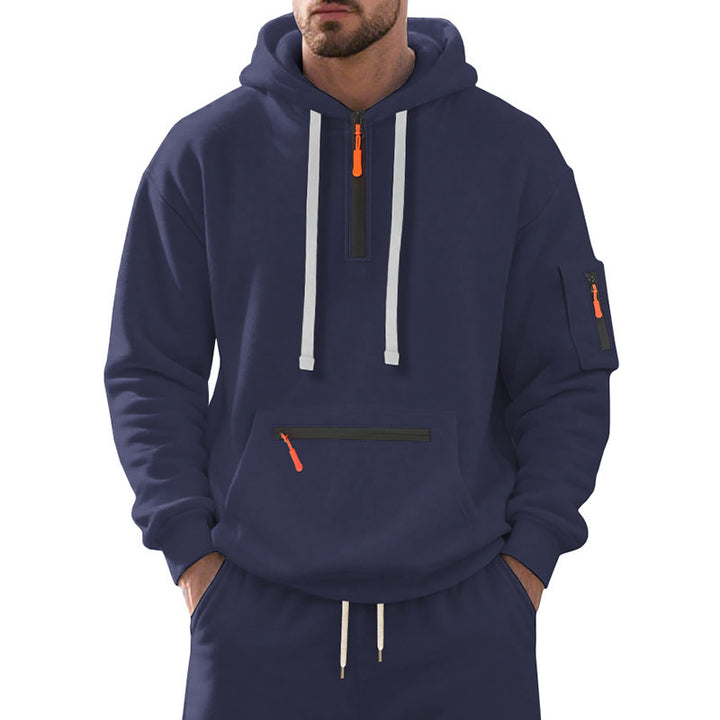 Herren nan technischer Freizeit-Hoodie mit kurzem mittigem Reißverschluss, Reißverschluss-Kängurutasche und Ärmeltasche Drune