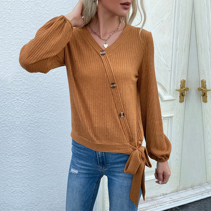 Damen Wickelbluse mit langen Ärmeln und dekorativem Bindegürtel Drune