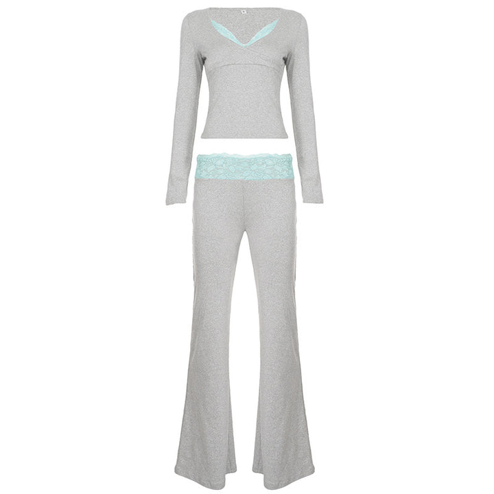 Damen nan Lounge-Set mit Spitzenbund, V-Ausschnitt und ausgestellter Schlaghose Drune