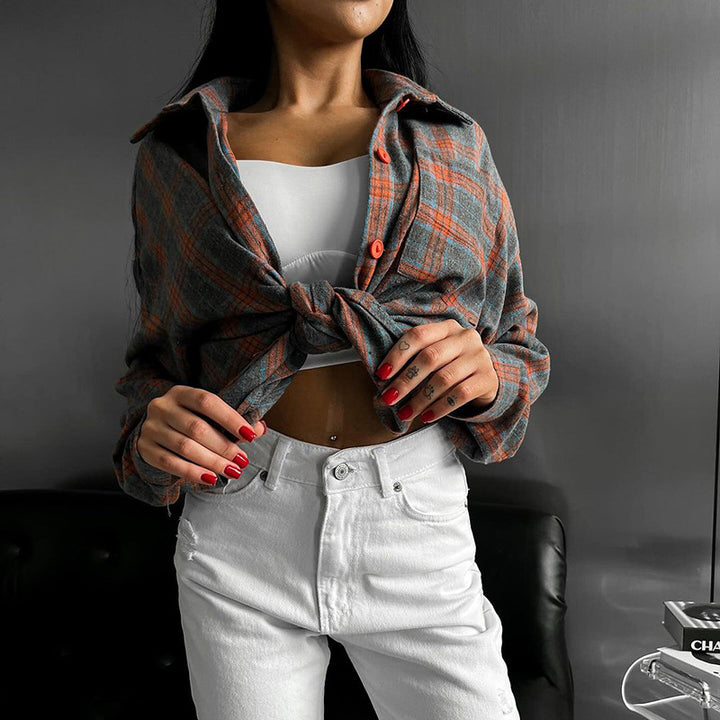 Damen Karomuster Crop-Hemd mit Bindeband und lässigem Schnitt Drune