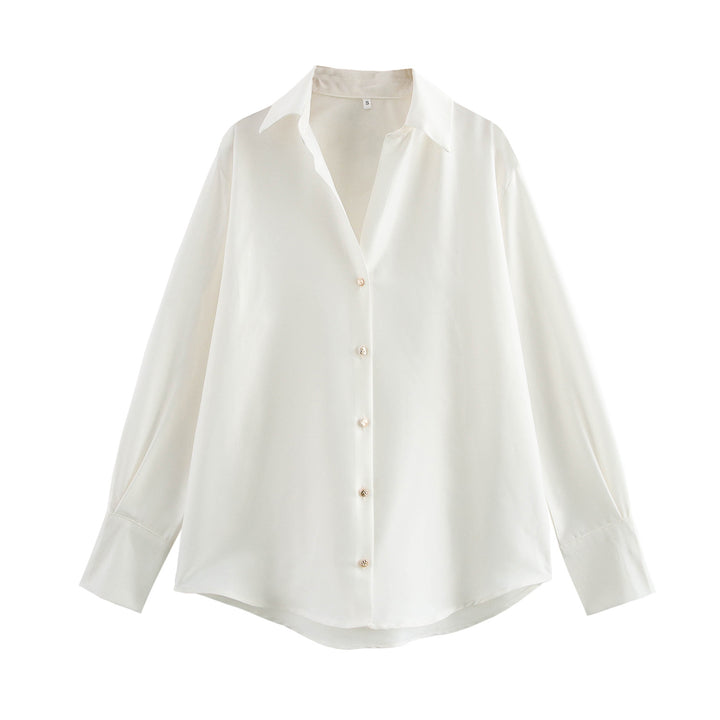 Damen nan oversized Satinbluse mit Hemdkragen, verlängerten Manschetten und abgerundetem Saum Drune