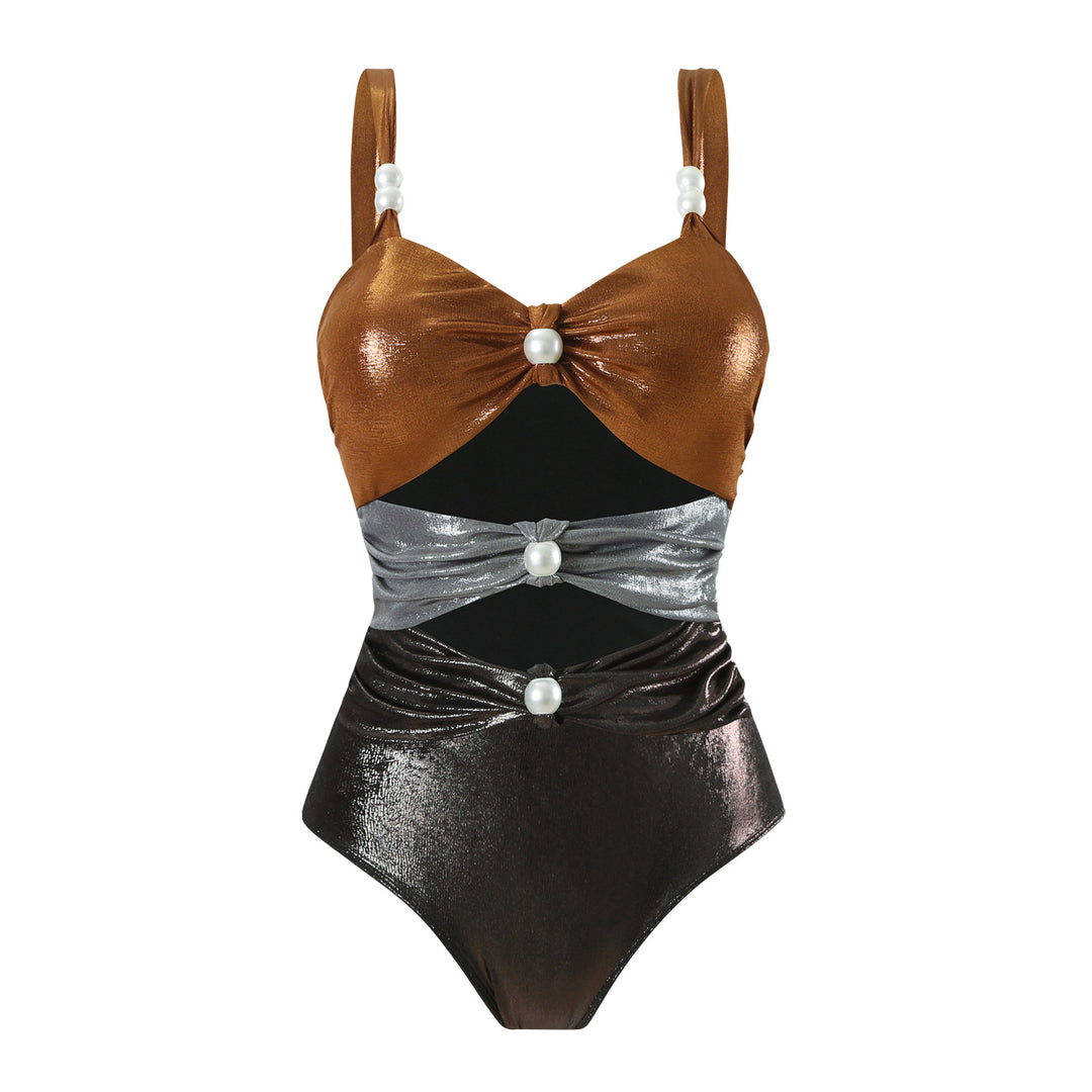 Damen Einteiler Badeanzug mit stilvollen Drapierungen und Perlendetails Drune