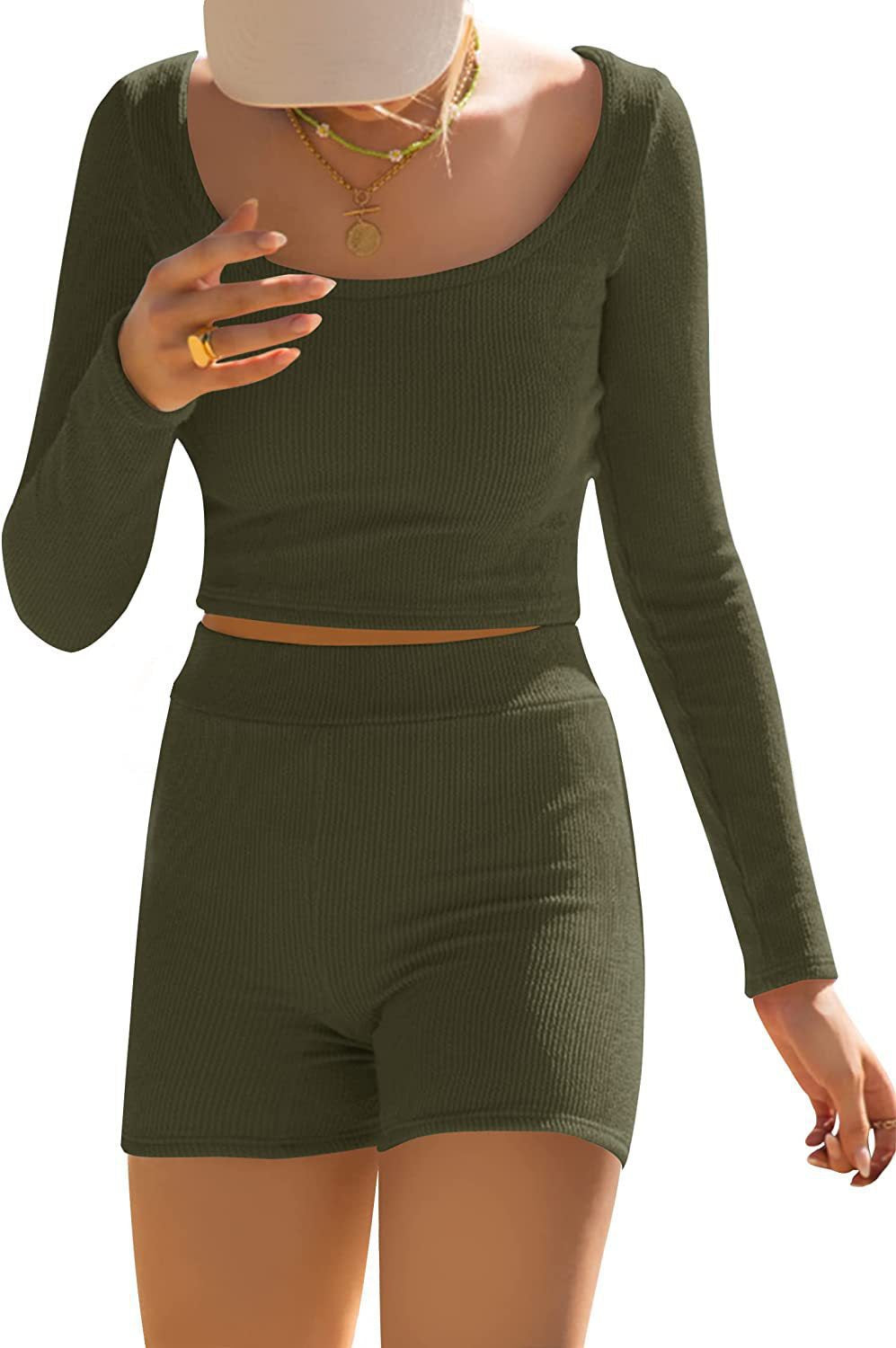 Damen modisches Crop-Top und Shorts-Set mit langen Ärmeln Drune