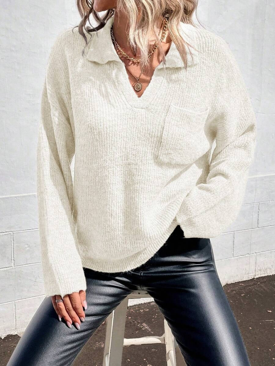 Damen Sportlicher Pullover mit modernem V-Ausschnitt und praktischer Brusttasche Drune