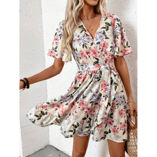 Damen Blumengemustertes Wickelkleid mit Taillengürtel Drune