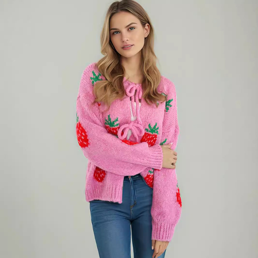 Damen Strickpullover mit zauberhaftem Erdbeermotiv und ballonen Ärmeln Drune