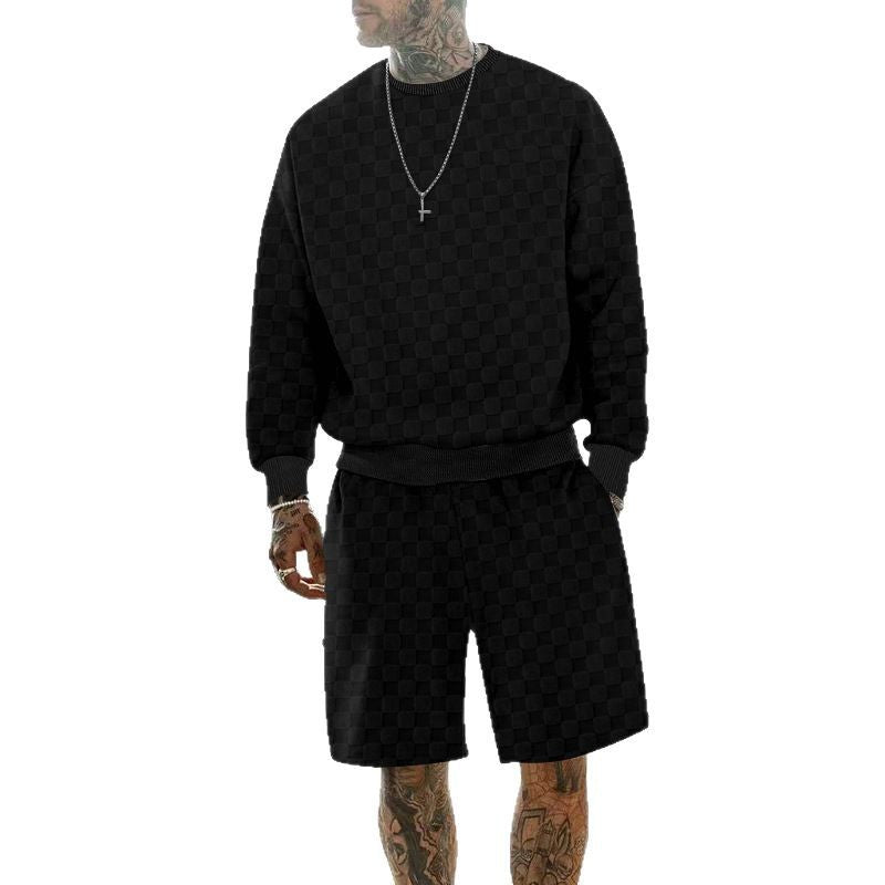 Herren nan oversized Waffelstrick-Lounge-Set mit Crewneck-Sweatshirt und knielangen Bermuda-Shorts Drune