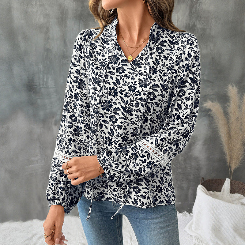 Damen florale Bluse mit langen Ärmeln Drune