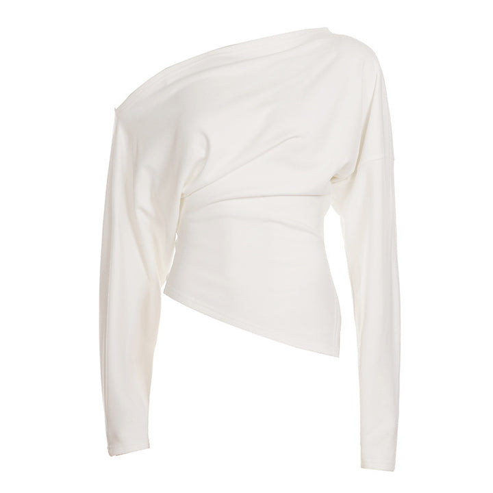 Damen nan figurnahes Stretch-Top mit weitem U-Boot-Ausschnitt und asymmetrischem Saum Drune