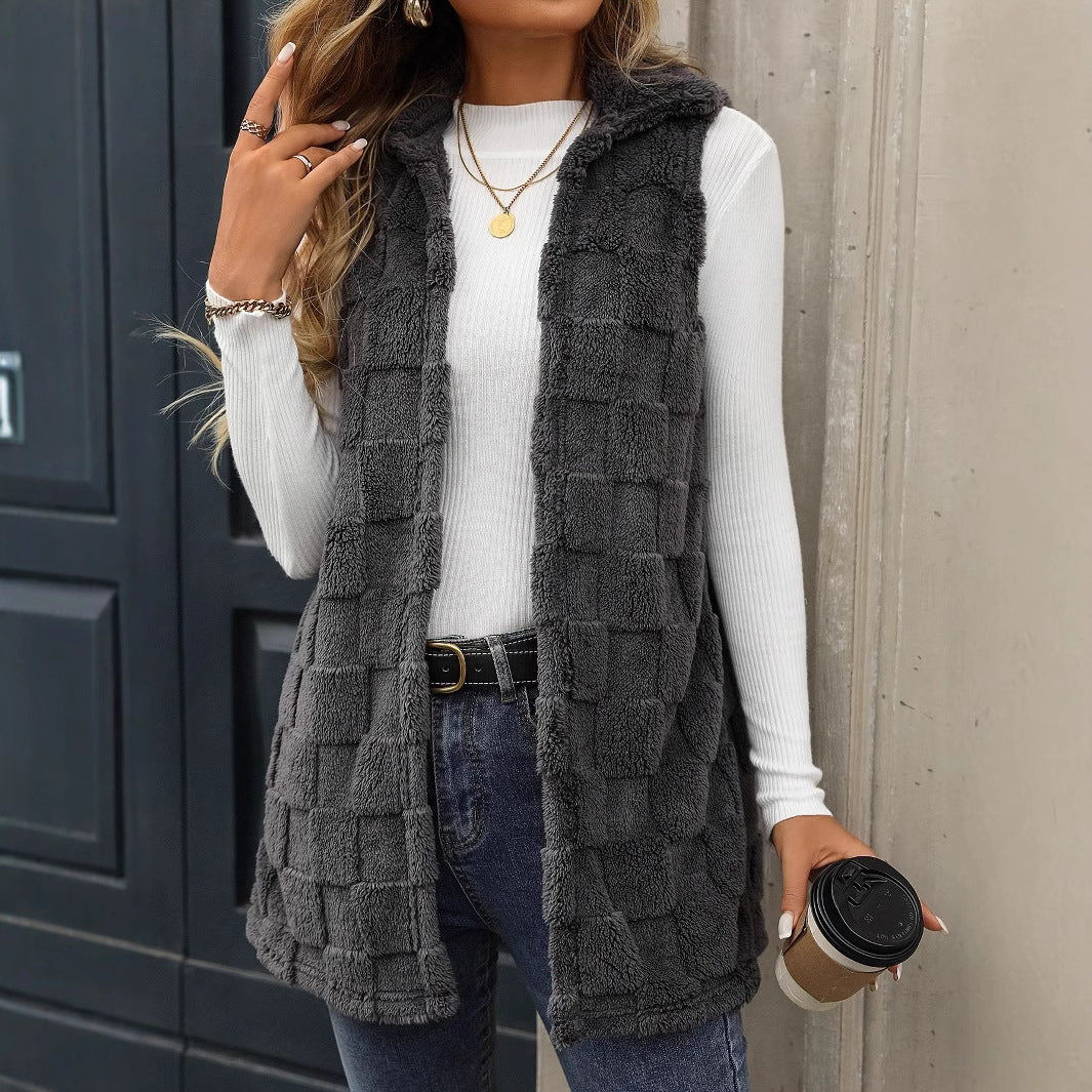 Damen Plüschweste mit Kapuze und stylischem Karomuster Drune