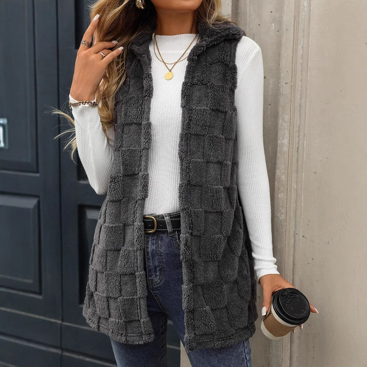 Damen Plüschweste mit Kapuze und stylischem Karomuster Drune