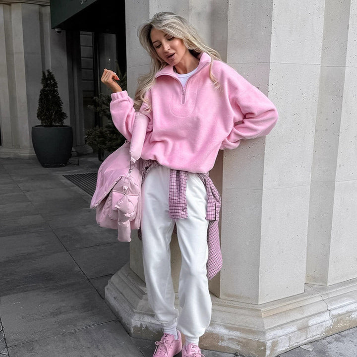 Damen Fleece Sweatpullover mit modernem Stehkragen und halbem Reißverschluss Drune