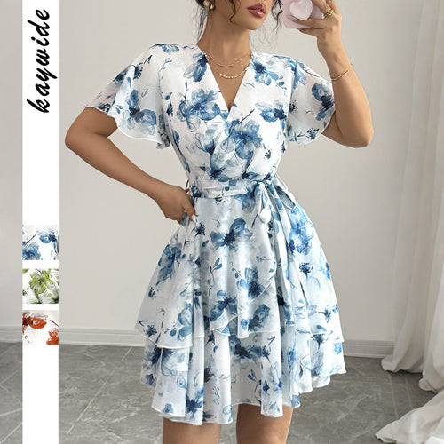 Damen Wickelkleid mit floralem Muster und schwingendem Rock Drune
