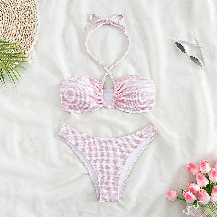 Damen Bandeau-Bikini mit zeitlosem Streifenmuster und eleganter Schnürung Drune