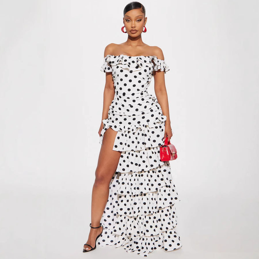 Damen Off-Shoulder Maxikleid mit Rüschen und aufregendem Schlitz Drune