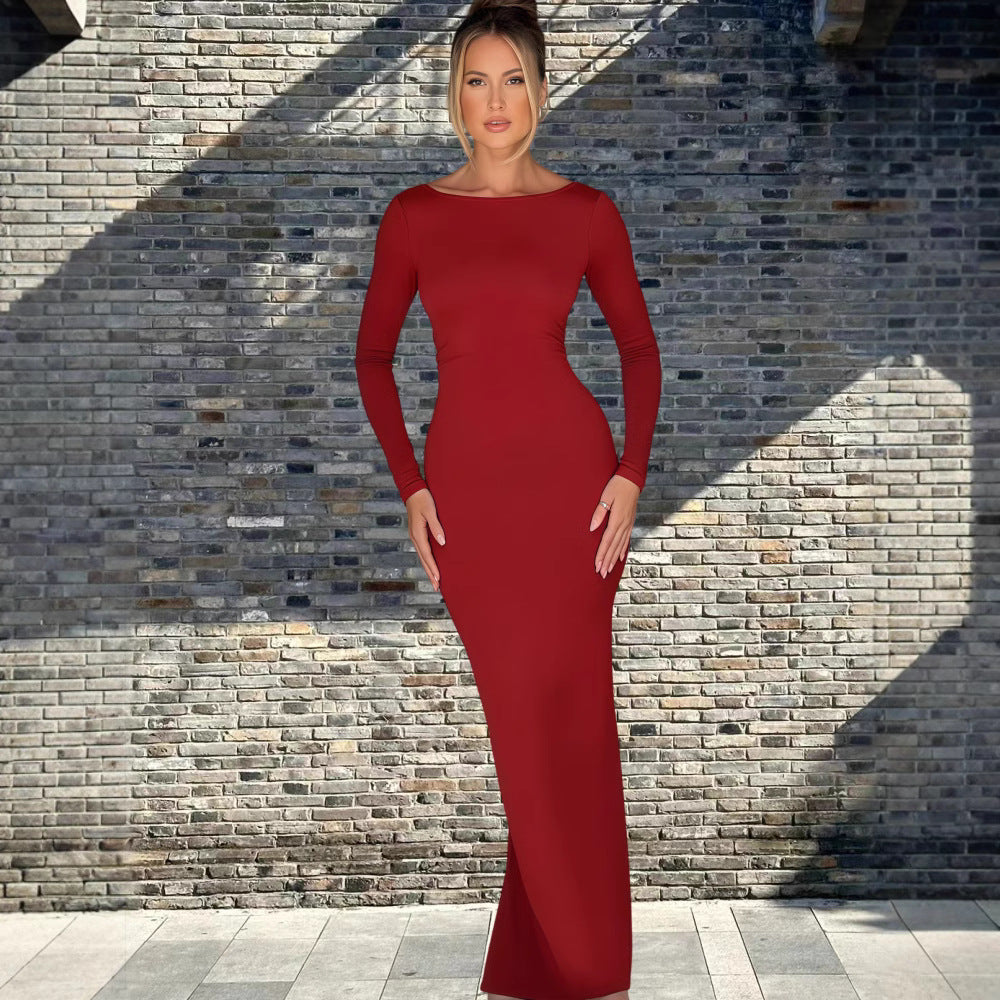 Damen Langarm-Maxikleid mit figurbetonter Silhouette und elegantem Ausschnitt Drune