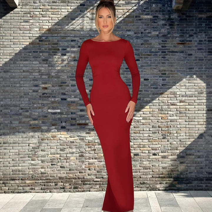 Damen Langarm-Maxikleid mit figurbetonter Silhouette und elegantem Ausschnitt Drune