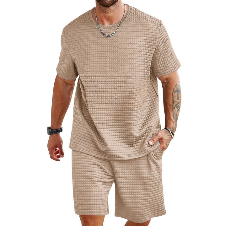 Herren nan Waffelstruktur Wohn- und Freizeit-Set mit weit geschnittenem Kurzarmshirt und kurzer Hose mit elastischem Bund Drune