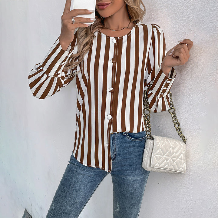 Damen gestreifte Bluse mit eleganten Puffärmeln und Schaltknöpfen Drune