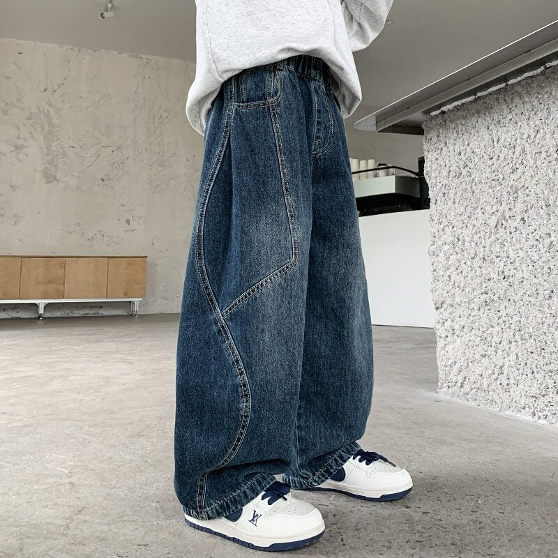 Damen weite Denim-Hose mit elastischem Bund und modischen Kontrastnähten Drune
