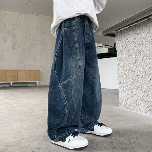 Damen weite Denim-Hose mit elastischem Bund und modischen Kontrastnähten Drune