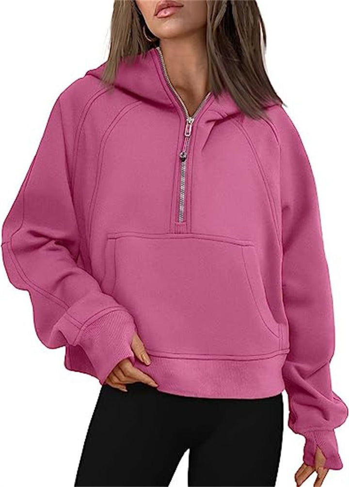 Damen Kapuzenpullover mit halbem Reißverschluss und praktischer Kängurutasche Drune