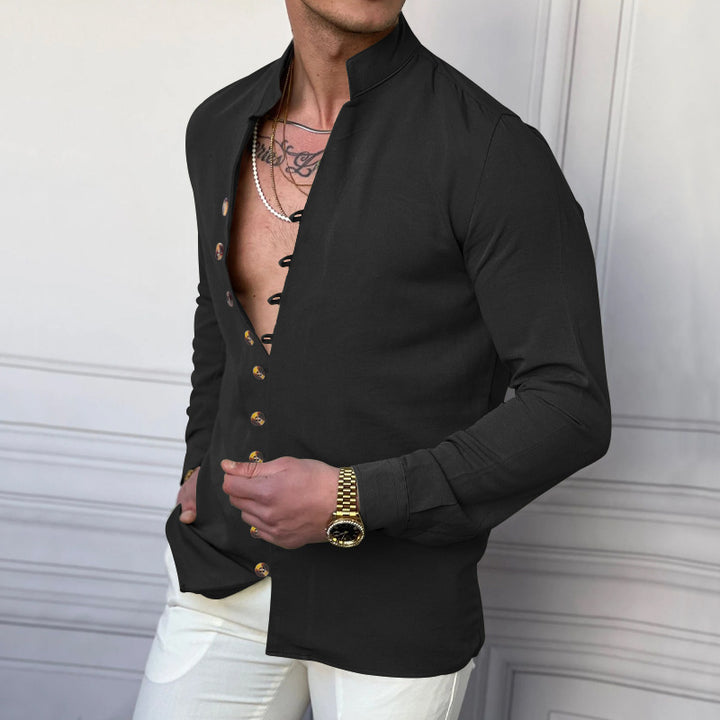 Herren nan elegantes Langarm-Leinenhemd mit Stehkragen asymmetrischer Knopfleiste und schmaler Passform Drune