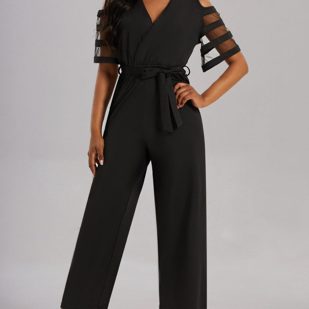 Damen Eleganter Jumpsuit mit transparenten Ärmel-Details und Taillengürtel Drune