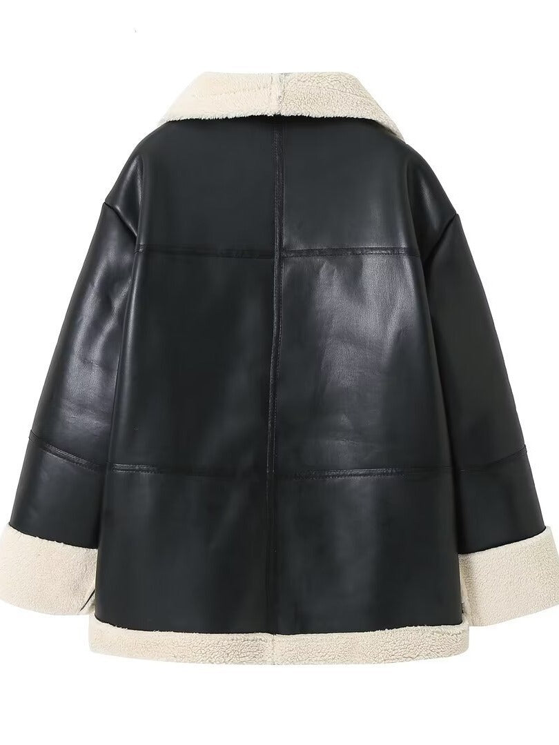 Damen Kunstlederjacke mit Teddyfutter Drune