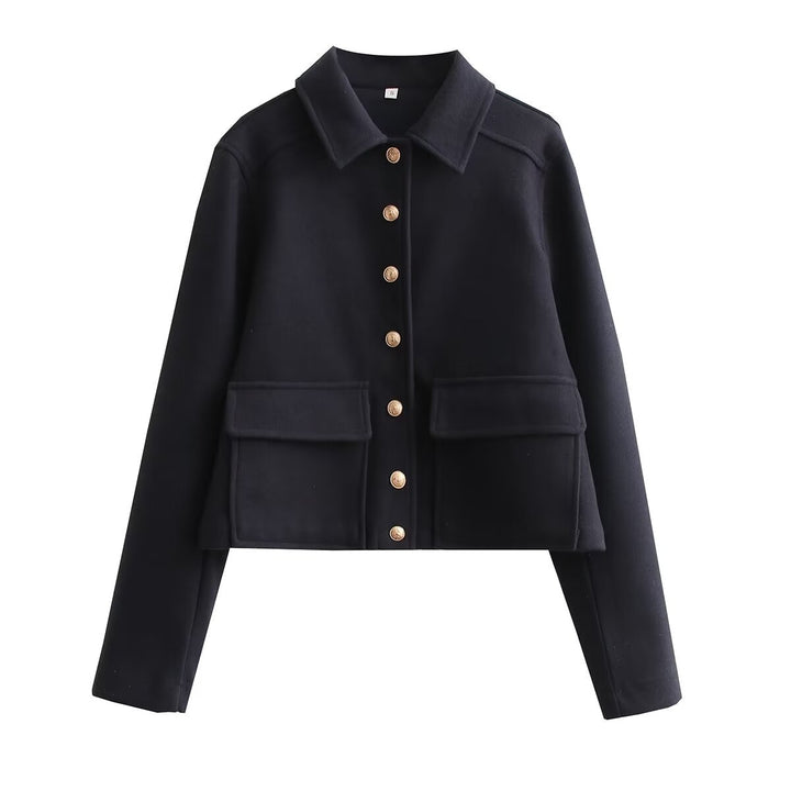 Damen modische Kurzjacke aus strukturiertem Wollmaterial mit praktischen Pattentaschen Drune