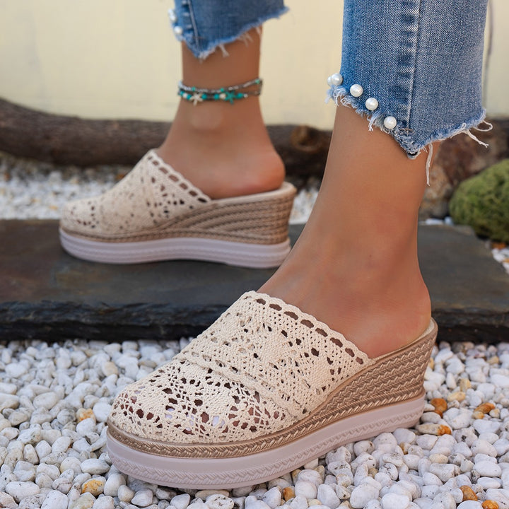 Damen  gehäkelte Plateau-Mules mit Jute-Optik Keilsohle und atmungsaktivem Komfortfutter Drune