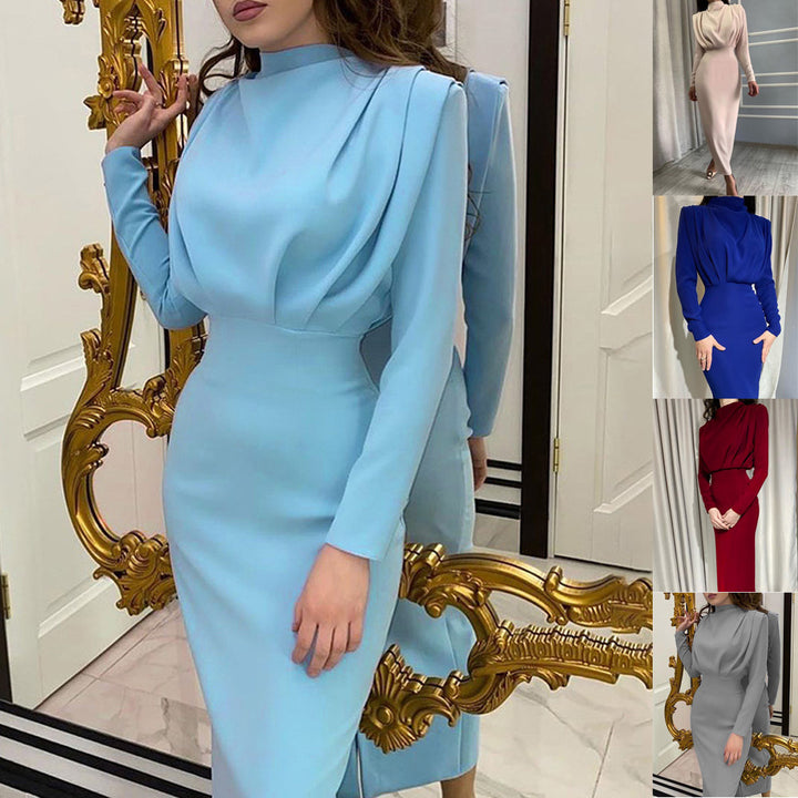 Damen Elegantes Langarm-Maxi-Kleid mit raffinierter Drapierung und hohem Kragen Drune