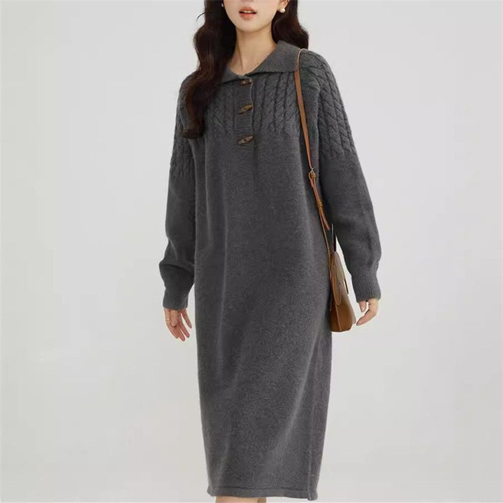 Damen Strickkleid mit Kragen und Knopfdetails Drune