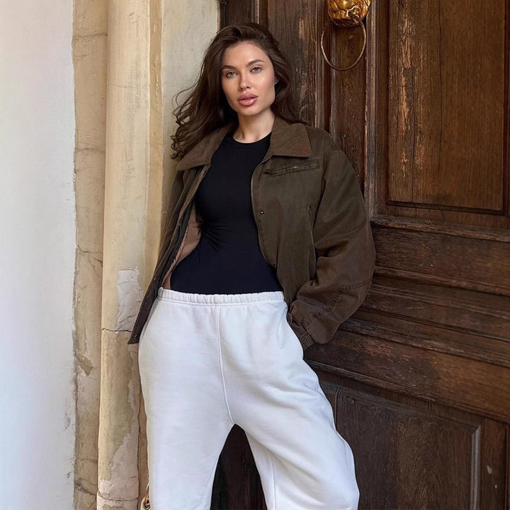 Damen Kunstlederjacke mit attraktivem Leopardenmuster und elastischem Bund Drune