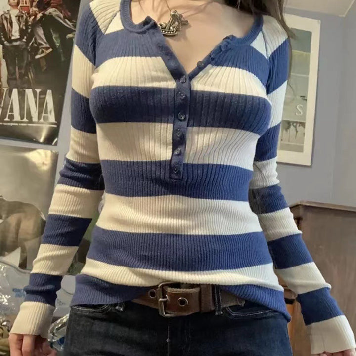 Damen Langarmshirt mit Knopfleiste und Streifenmuster Drune