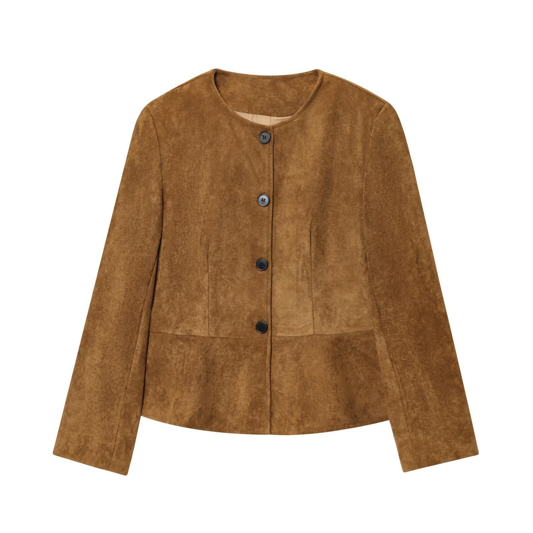 Damen elegante Kunstlederjacke mit knopfbeschichtetem Design Drune