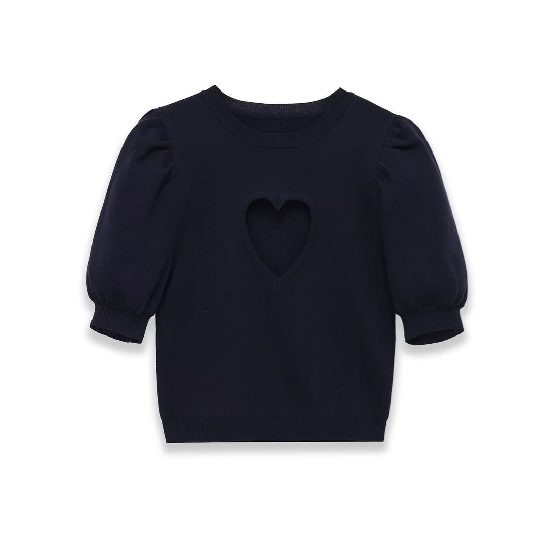 Damen Baumwollpullover mit herzförmigem Ausschnitt und modischen Puffärmeln Drune