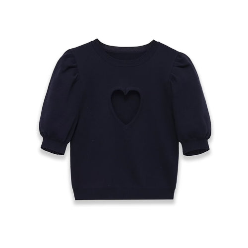 Damen Baumwollpullover mit herzförmigem Ausschnitt und modischen Puffärmeln Drune