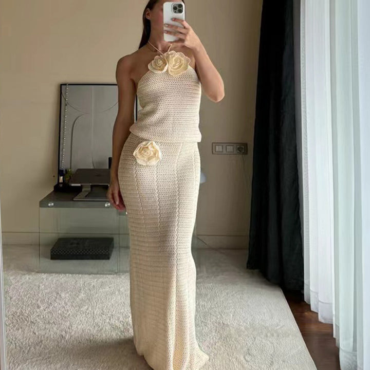 Damen Häkel-Maxikleid mit hohem Schlitzausschnitt Drune