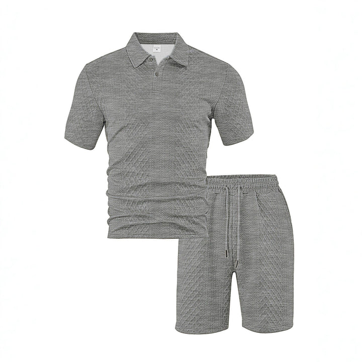 Herren nan eleganter Freizeit-Zweiteiler aus geprägtem Strick mit Polokragen Kurzarmshirt und Tunnelzug-Bermuda Drune