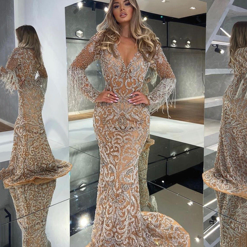 Drune | Meerjungfrau Pailletten Fransen Elegantes Langes Kleid