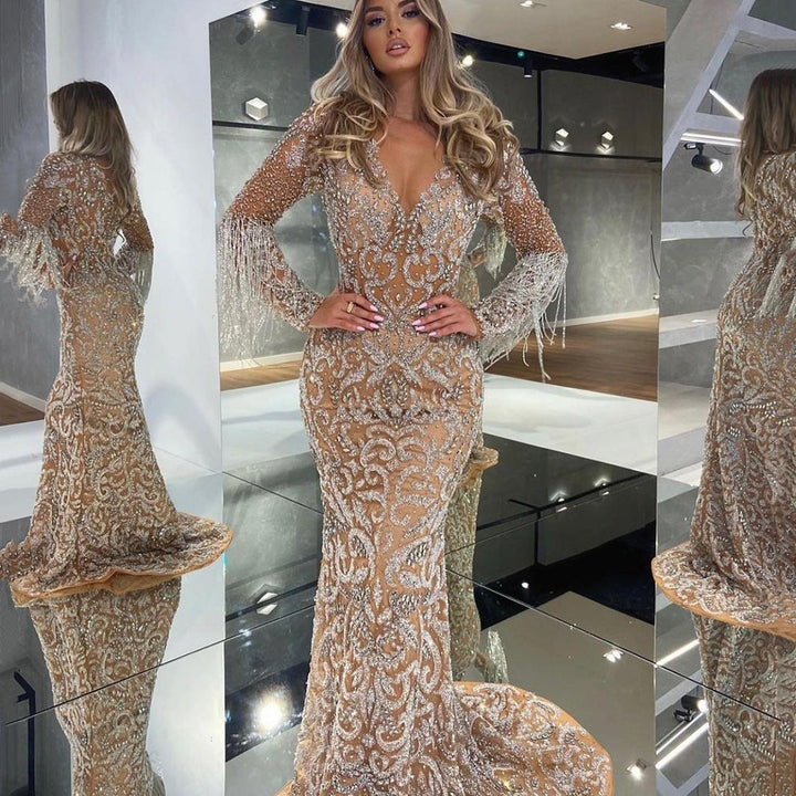 Drune | Meerjungfrau Pailletten Fransen Elegantes Langes Kleid