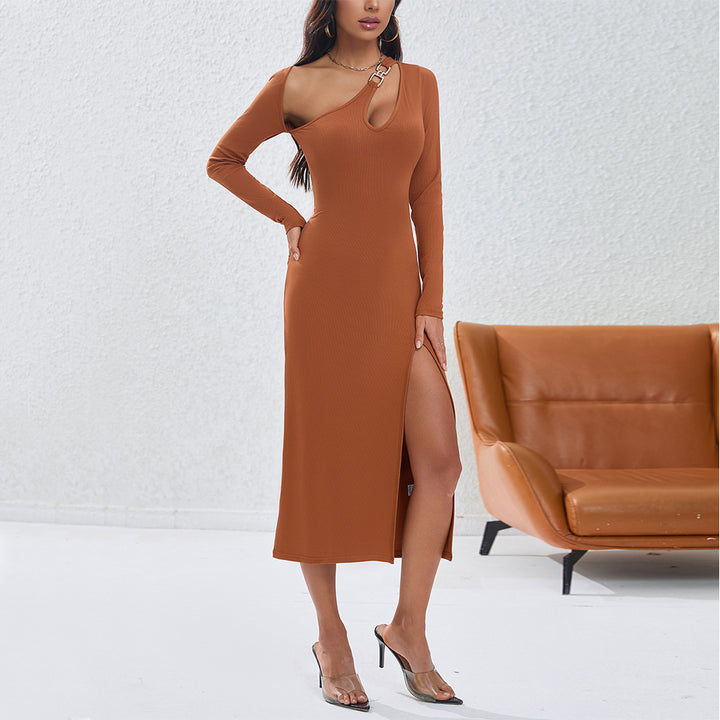Damen figurbetontes Langarmkleid mit seitlichem Schlitz und asymmetrischem Ausschnitt Drune