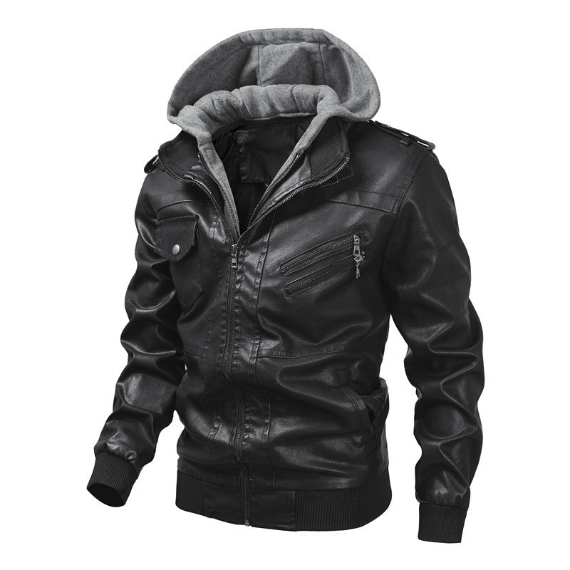 Herren Kunstlederjacke mit abnehmbarer Kapuze und Multifunktions-Taschen Drune